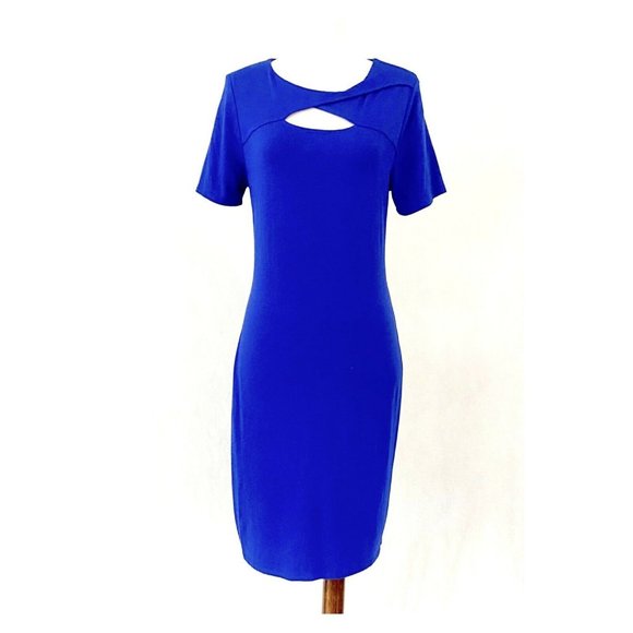 Vince Camuto Short Sleeve Peephole Yoke Lapis Blue Knit Dress Size Medium - Picture 3 of 8